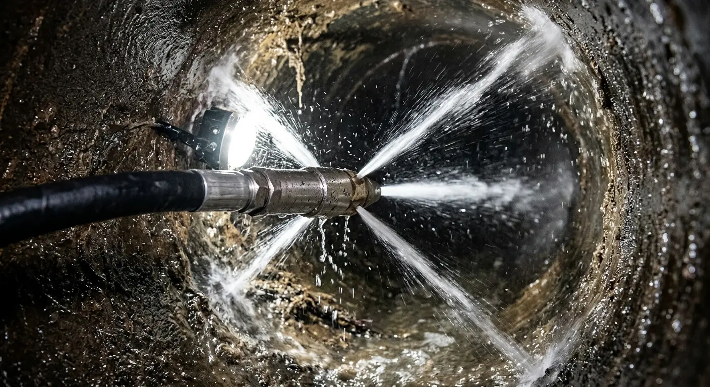 High-pressure hydro jetting nozzle cleaning sewer pipe for Sewer Cleanout in Humboldt