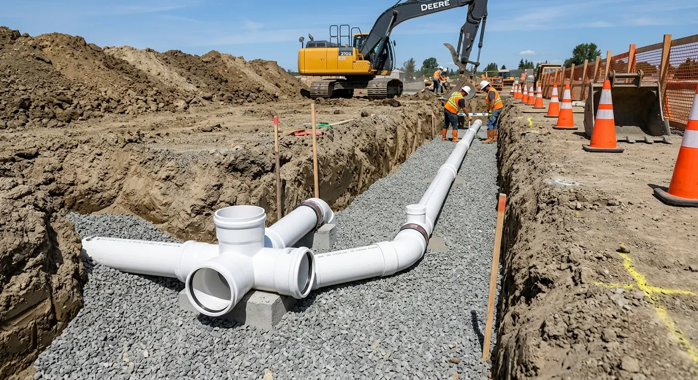 New PVC sewer pipe installation in open trench for Sewer Backup in Humboldt