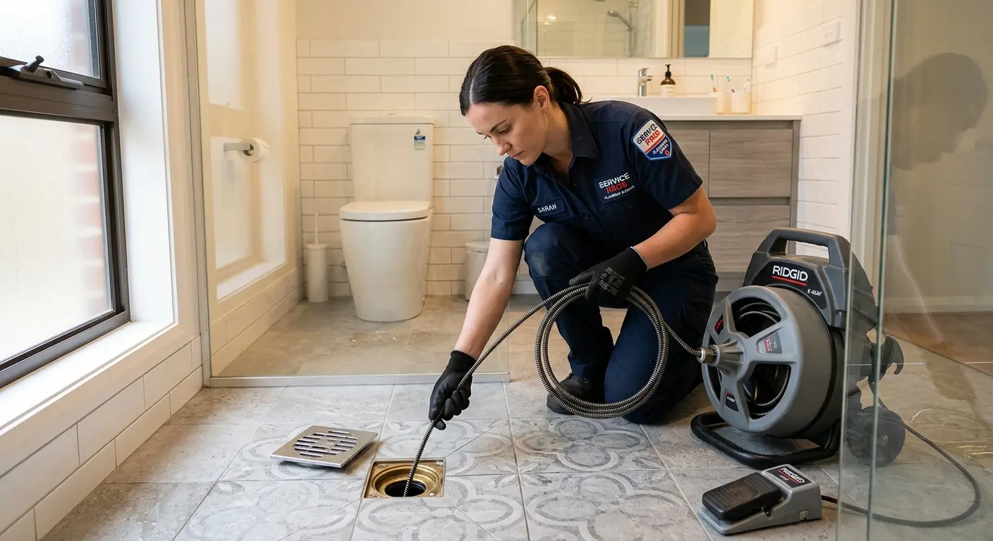 Technician clearing a bathroom floor drain for Sewer Line Installation in Humboldt